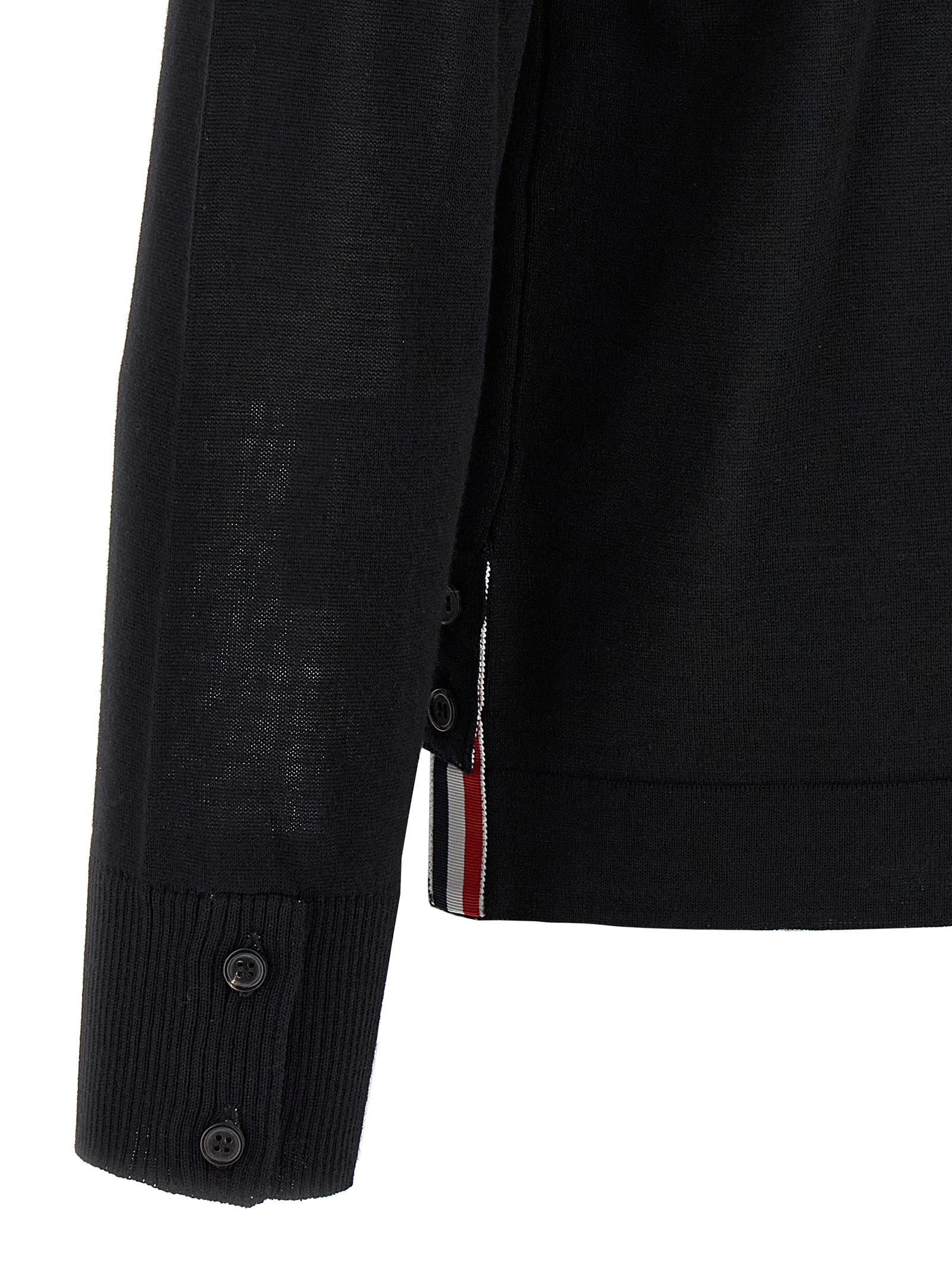 Cardigan by Thom Browne for men in virgin wool black & signature presents a textural silhouette, artfully finished with a textural and for a sophisticated, textural look.