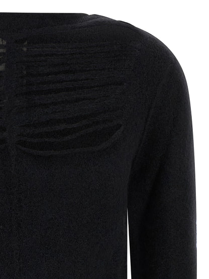 Cardigan by Rick Owens for women in nylon & wool black presents a textural silhouette, artfully finished with a textural boat neckline and for a sophisticated, textural look.
