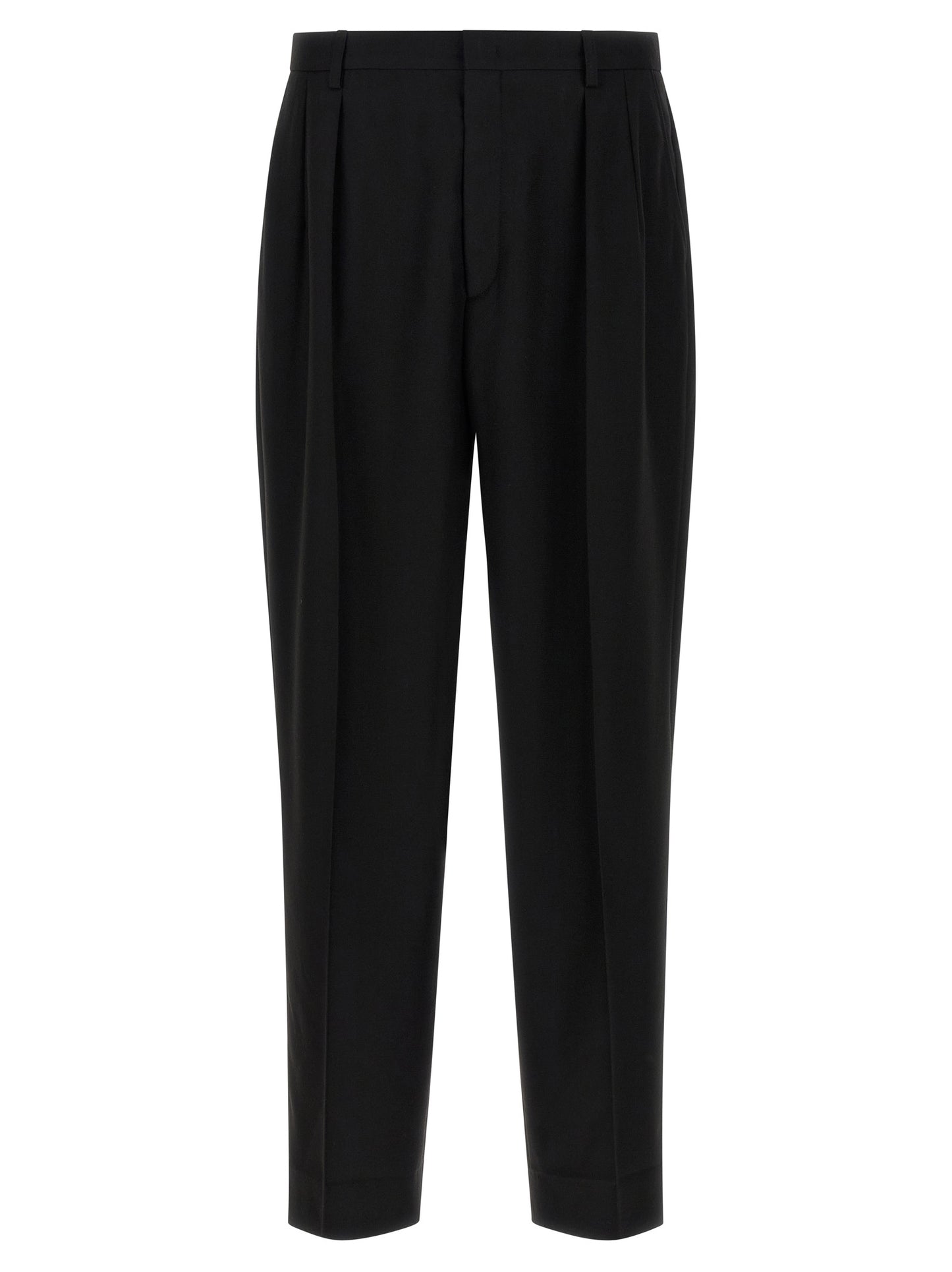 Trousers by CELLAR DOOR for men in polyester & viscose black features a tailored silhouette with a tailored straight-leg, defined by its long and a sophisticated .