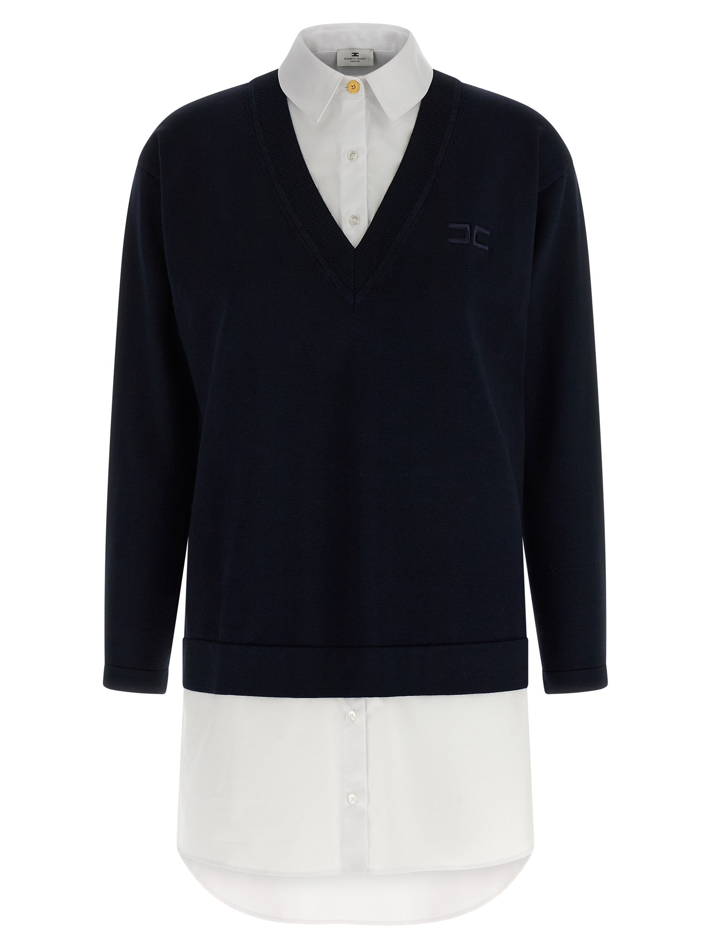Dress by Elisabetta Franchi for women in viscose polyester cotton blue features a dramatic silhouette, showcasing an elegant v-neck neckline and long-sleeve that flows into a dramatic short mini.