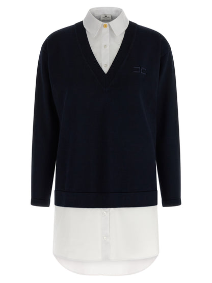 Dress by Elisabetta Franchi for women in viscose polyester cotton blue features a dramatic silhouette, showcasing an elegant v-neck neckline and long-sleeve that flows into a dramatic short mini.