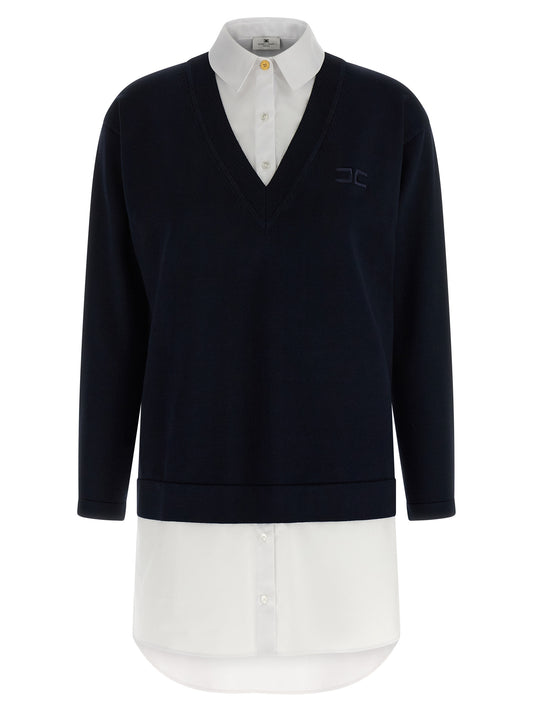 Dress by Elisabetta Franchi for women in viscose polyester cotton blue features a dramatic silhouette, showcasing an elegant v-neck neckline and long-sleeve that flows into a dramatic short mini.