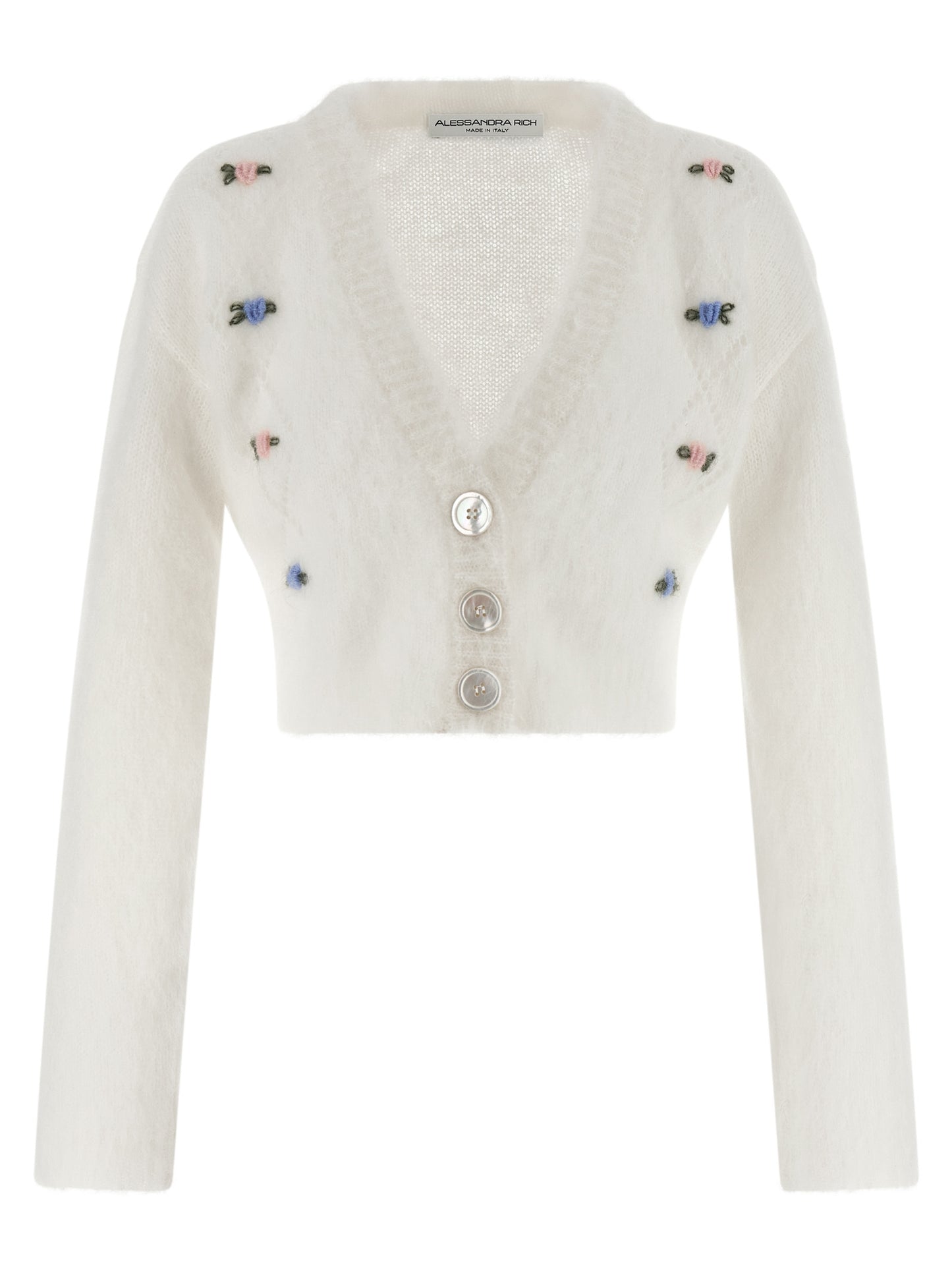 Cardigan by Alessandra Rich for women in mohair polyamide & alpaca wool white showcases a luxurious silhouette, meticulously detailed with a sophisticated v-neck neckline and long-sleeve for a refined finish.
