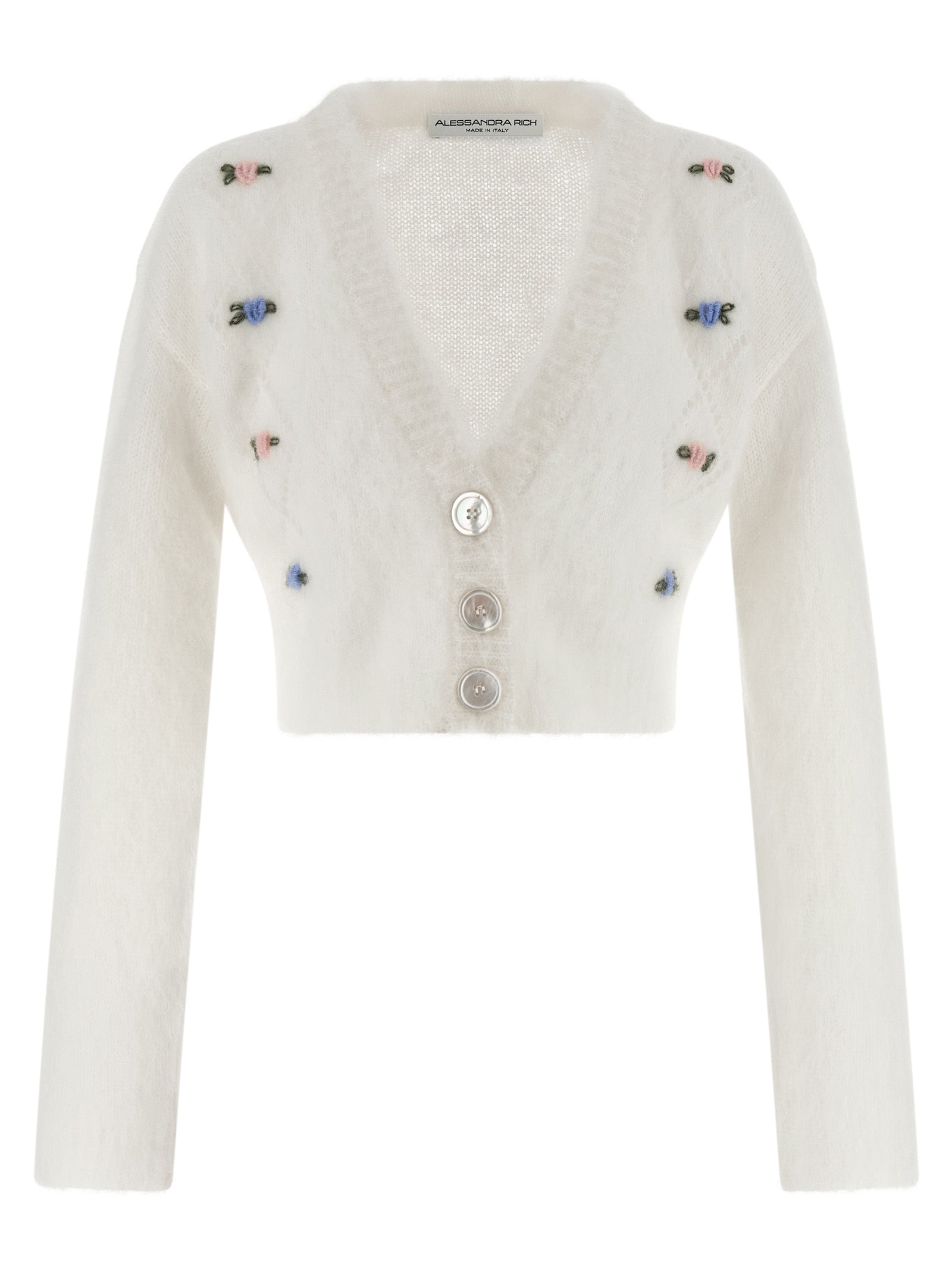 Cardigan by Alessandra Rich for women in mohair polyamide & alpaca wool white showcases a luxurious silhouette, meticulously detailed with a sophisticated v-neck neckline and long-sleeve for a refined finish.