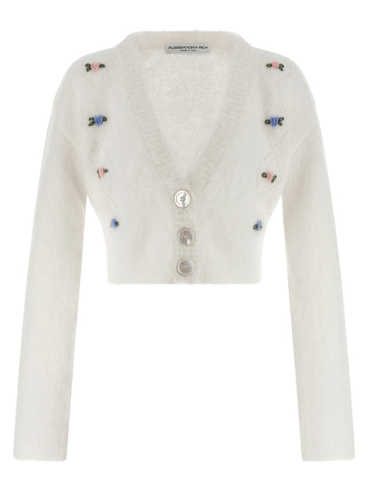 Cardigan by Alessandra Rich for women in mohair polyamide & alpaca wool white showcases a luxurious silhouette, meticulously detailed with a sophisticated v-neck neckline and long-sleeve for a refined finish.