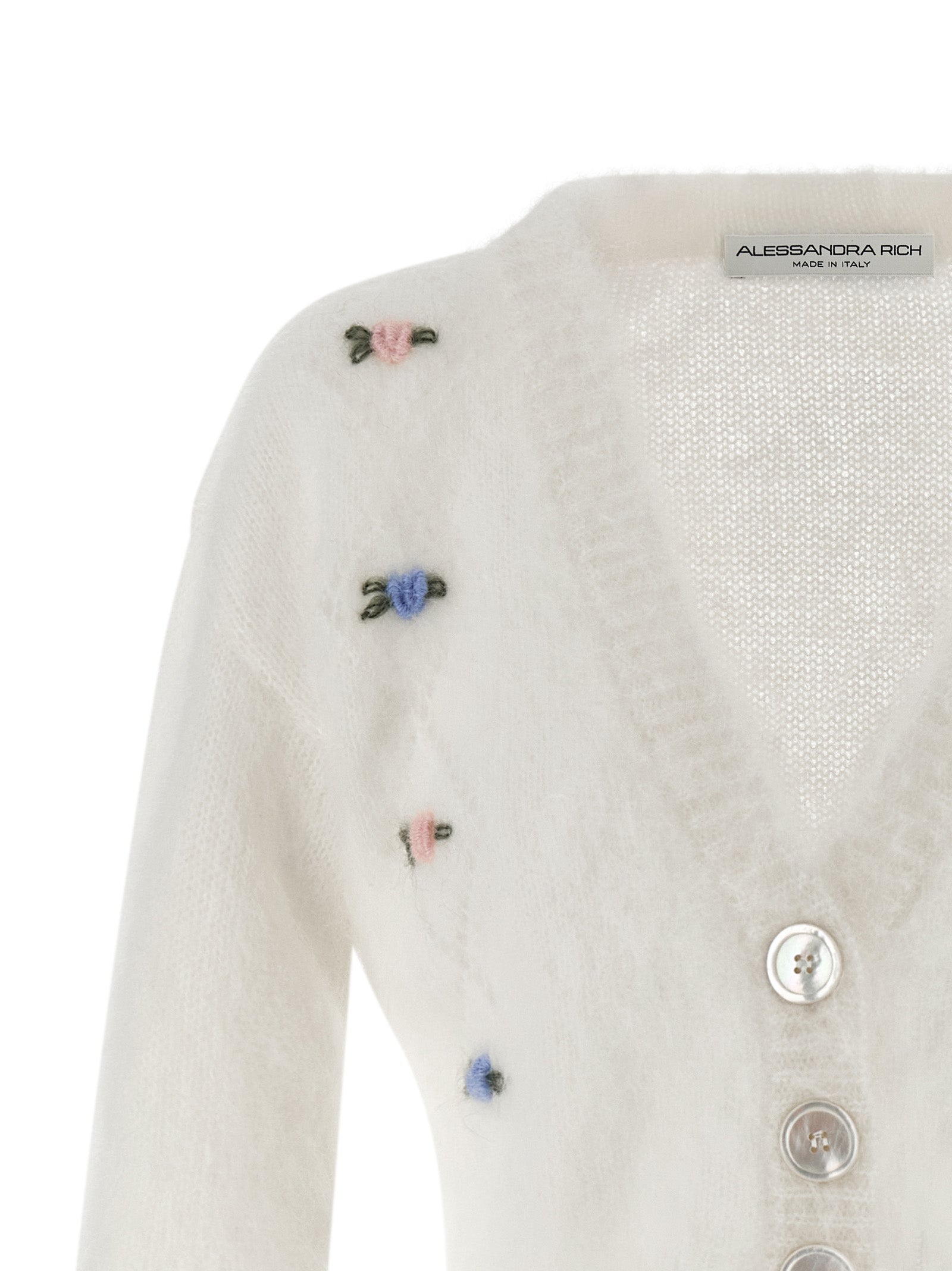 Cardigan by Alessandra Rich for women in mohair polyamide & alpaca wool white presents a textural silhouette, artfully finished with a textural v-neck neckline and for a sophisticated, textural look.