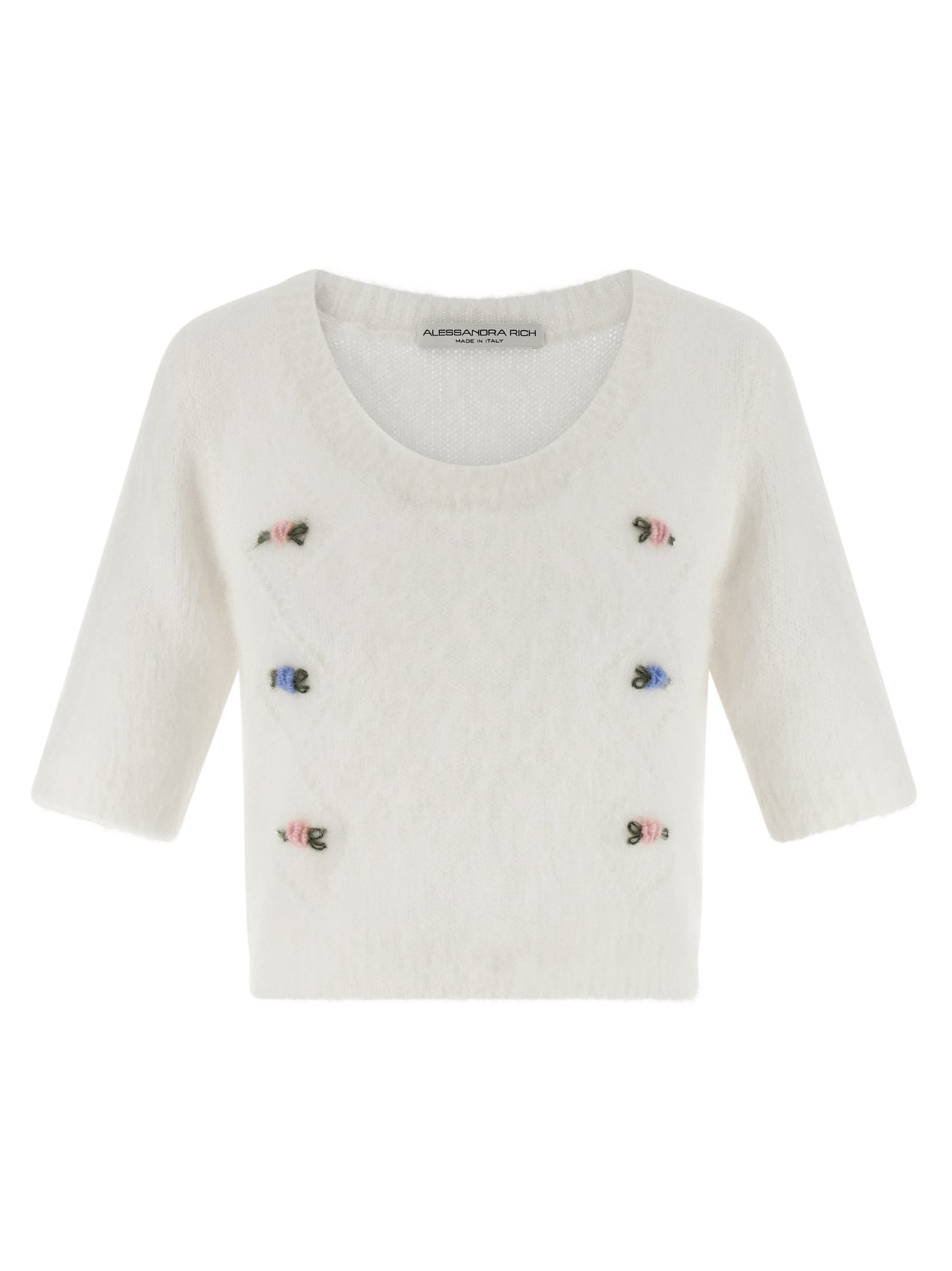 Cardigan by Alessandra Rich for women in mohair polyamide & alpaca wool white showcases a luxurious silhouette, meticulously detailed with a sophisticated round neckline and short-sleeve for a refined finish.