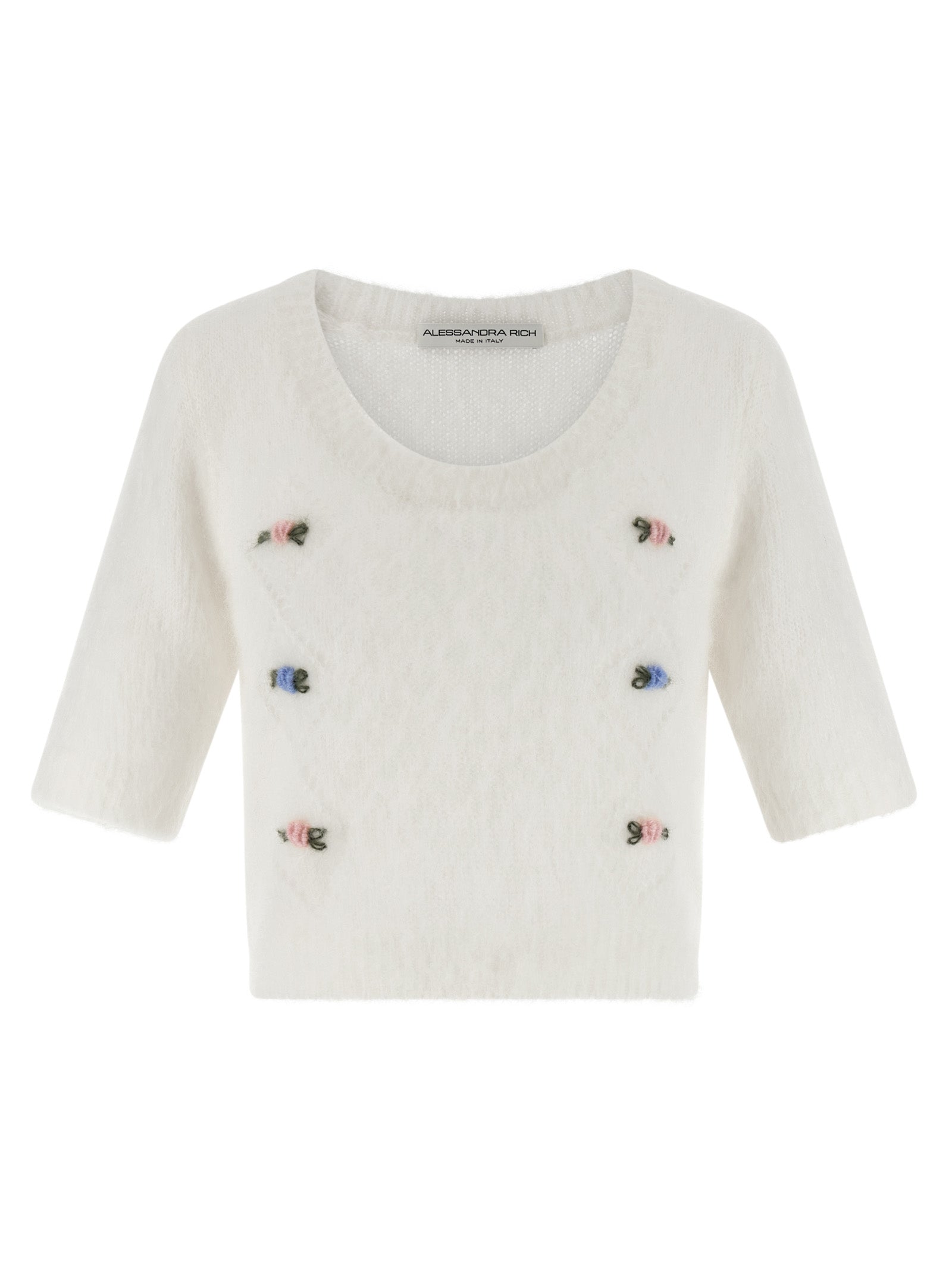 Cardigan by Alessandra Rich for women in mohair polyamide & alpaca wool white showcases a luxurious silhouette, meticulously detailed with a sophisticated round neckline and short-sleeve for a refined finish.
