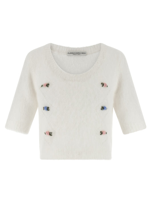 Cardigan by Alessandra Rich for women in mohair polyamide & alpaca wool white showcases a luxurious silhouette, meticulously detailed with a sophisticated round neckline and short-sleeve for a refined finish.
