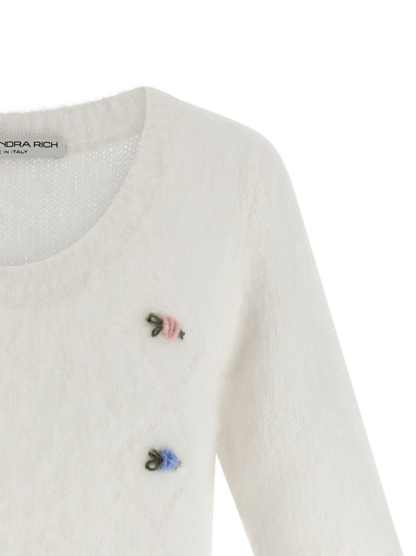 Cardigan by Alessandra Rich for women in mohair polyamide & alpaca wool white presents a textural silhouette, artfully finished with a textural round neckline and for a sophisticated, textural look.