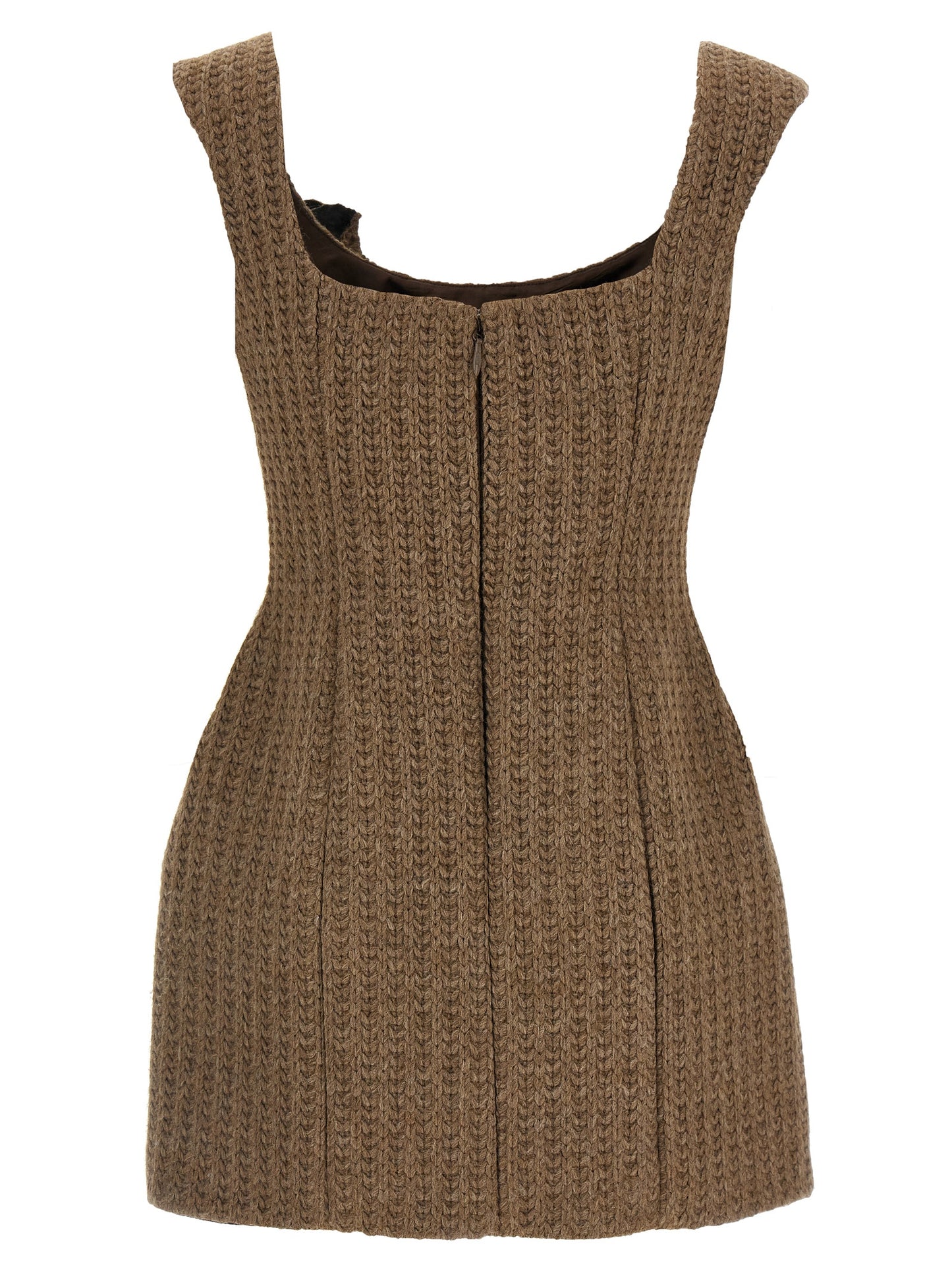 Dress by Giuseppe Di Morabito for women in viscose marabou & alpaca wool brown presents a sinuous silhouette, showcasing a sophisticated round neckline and detailed with a sinuous short mini for a refined finish.