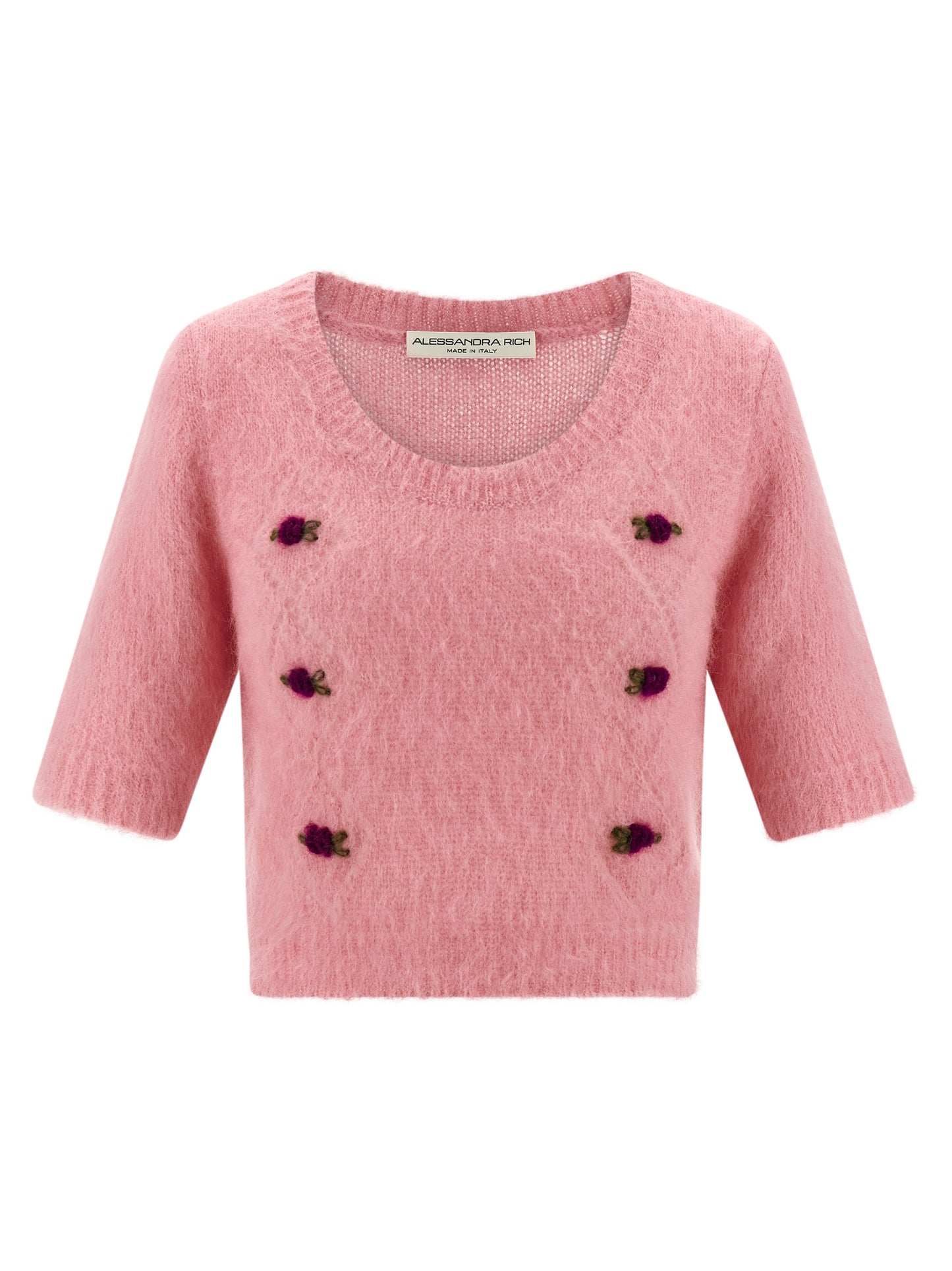 Cardigan by Alessandra Rich for women in mohair polyamide & alpaca wool multicolor & pink showcases a captivating silhouette, artfully detailed with a captivating short-sleeve and round neckline for a truly sophisticated captivating look.
