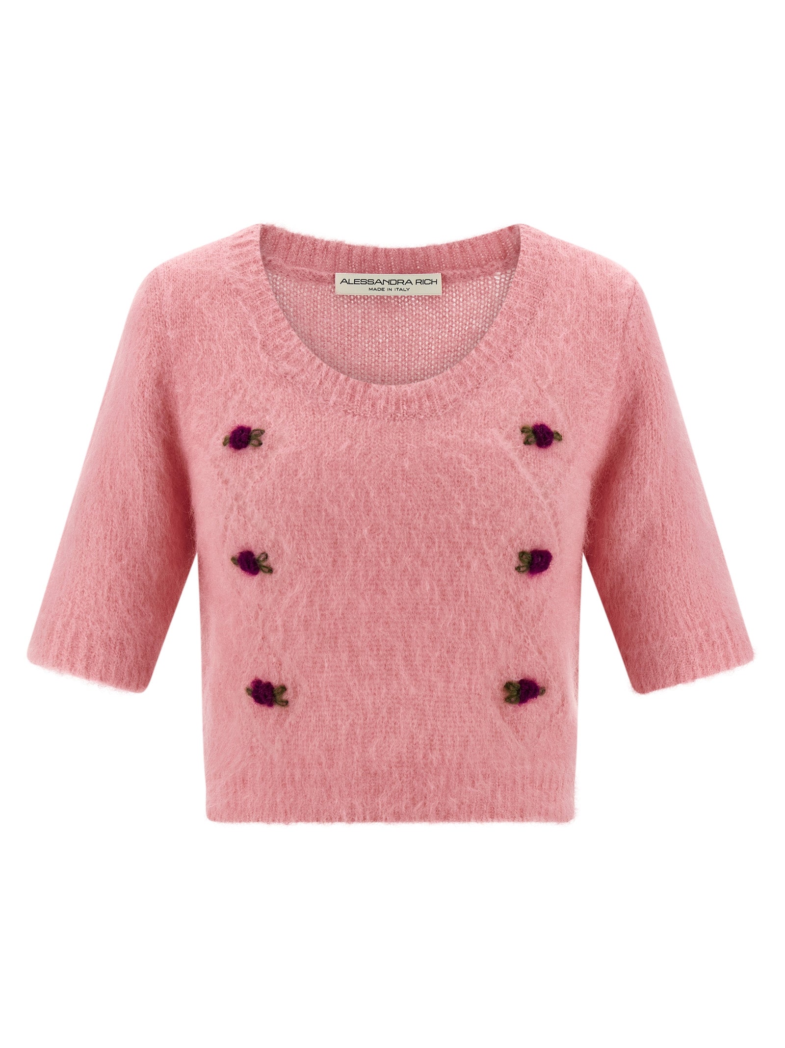 Cardigan by Alessandra Rich for women in mohair polyamide & alpaca wool multicolor & pink showcases a captivating silhouette, artfully detailed with a captivating short-sleeve and round neckline for a truly sophisticated captivating look.
