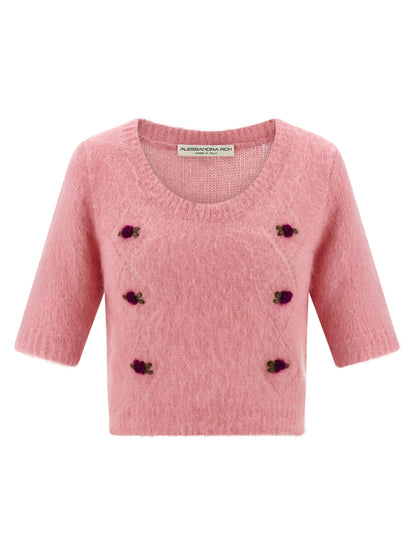 Cardigan by Alessandra Rich for women in mohair polyamide & alpaca wool multicolor & pink showcases a captivating silhouette, artfully detailed with a captivating short-sleeve and round neckline for a truly sophisticated captivating look.