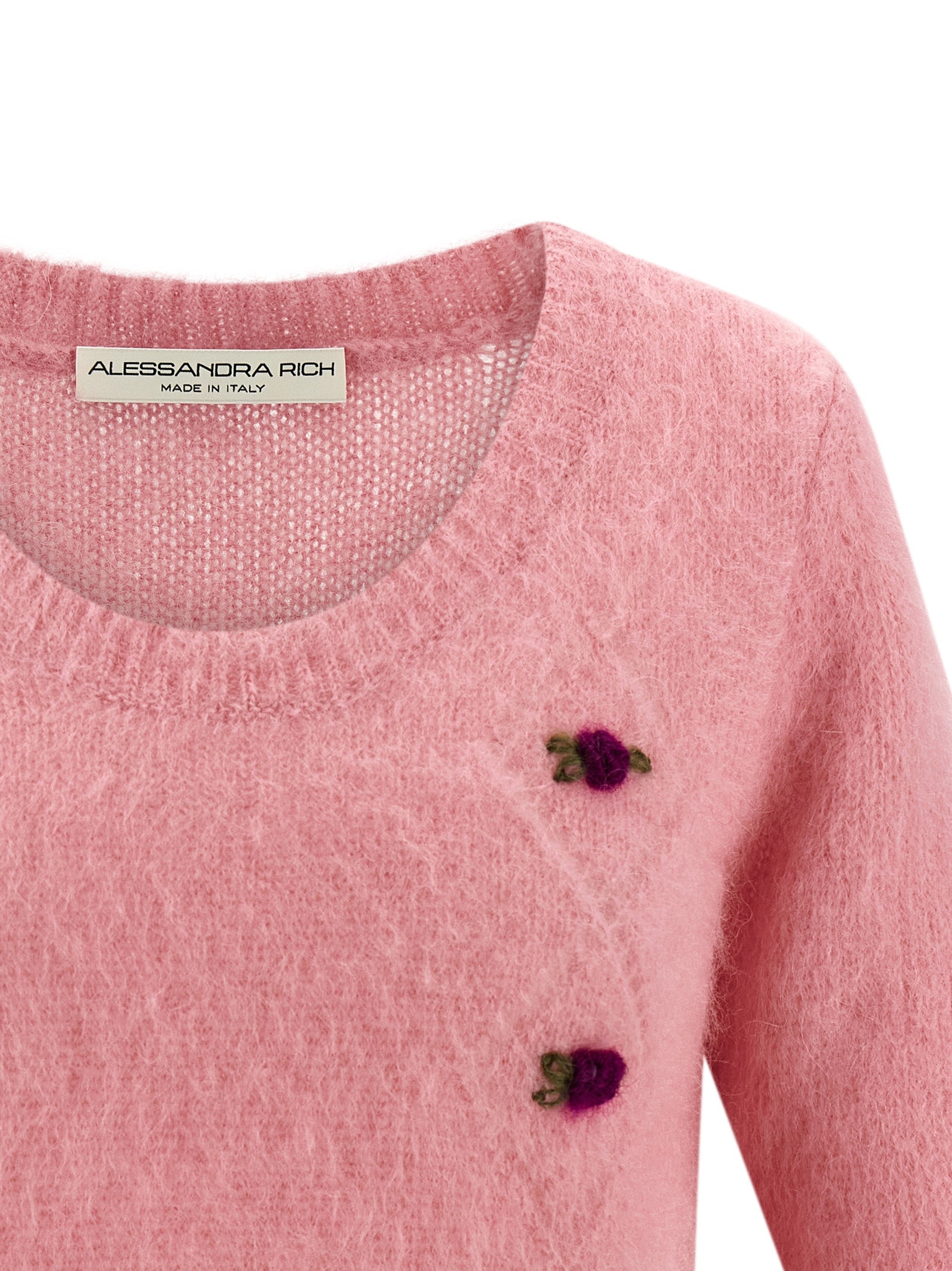 Cardigan by Alessandra Rich for women in mohair polyamide & alpaca wool multicolor & pink showcases a luxurious silhouette, meticulously detailed with a sophisticated round neckline and for a refined finish.