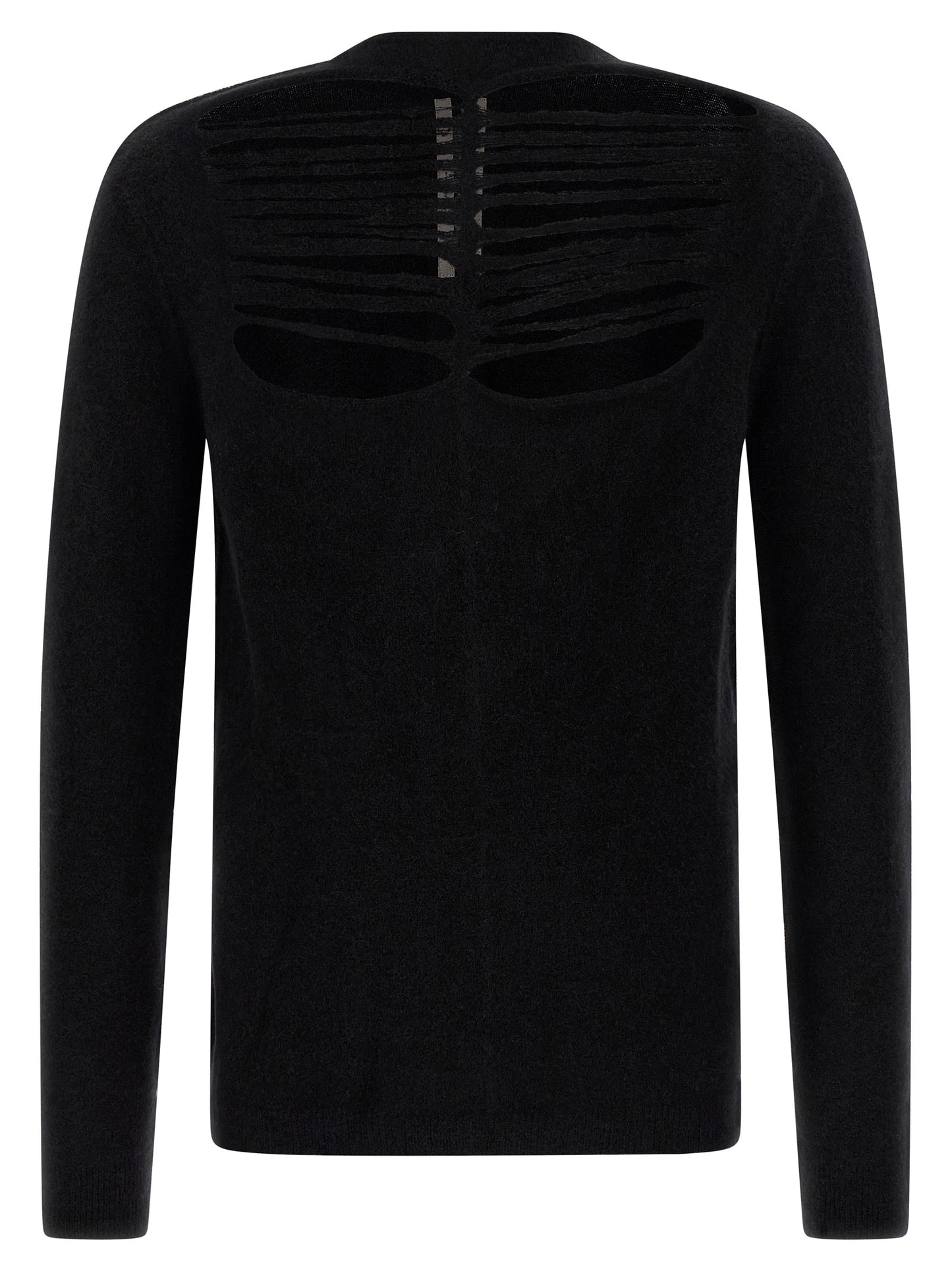 Cardigan by Rick Owens for men in polyamide & alpaca wool black features a dramatic silhouette, showcasing a sophisticated boat neckline and dramatic detail for a timeless, premium look.