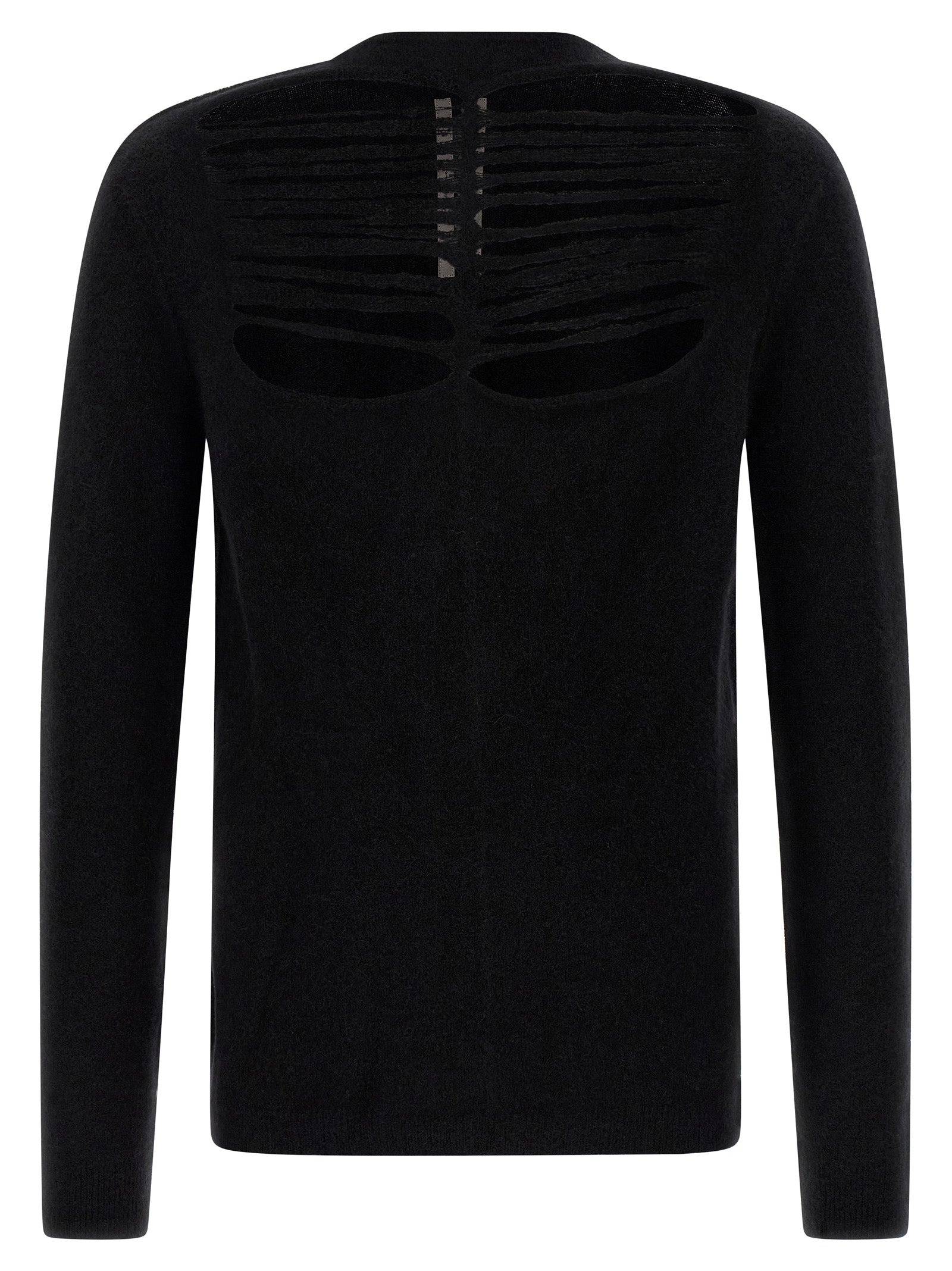 Cardigan by Rick Owens for men in polyamide & alpaca wool black features a dramatic silhouette, showcasing a sophisticated boat neckline and dramatic detail for a timeless, premium look.