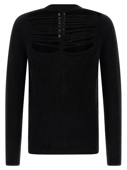 Cardigan by Rick Owens for men in polyamide & alpaca wool black features a dramatic silhouette, showcasing a sophisticated boat neckline and dramatic detail for a timeless, premium look.