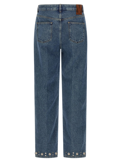 Jeans by Valentino Garavani for men in cotton denim blue features an sophisticated mid rise and straight-leg with a precise long, creating a sophisticated and sophisticated silhouette.