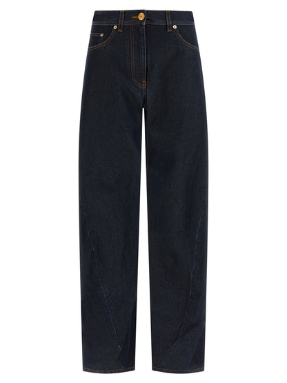 Jeans by Versace for women in denim cotton blue & signature features a refined silhouette with a refined , defined by a high rise and a refined long for a refined finish.