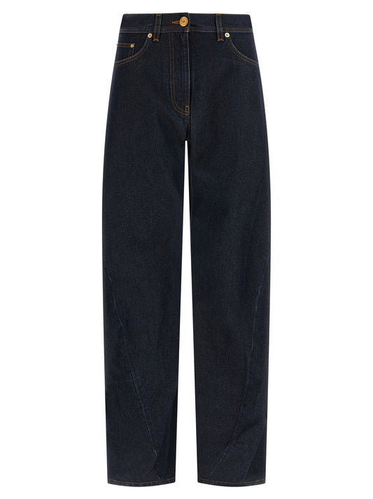 Jeans by Versace for women in denim cotton blue & signature features a refined silhouette with a refined , defined by a high rise and a refined long for a refined finish.