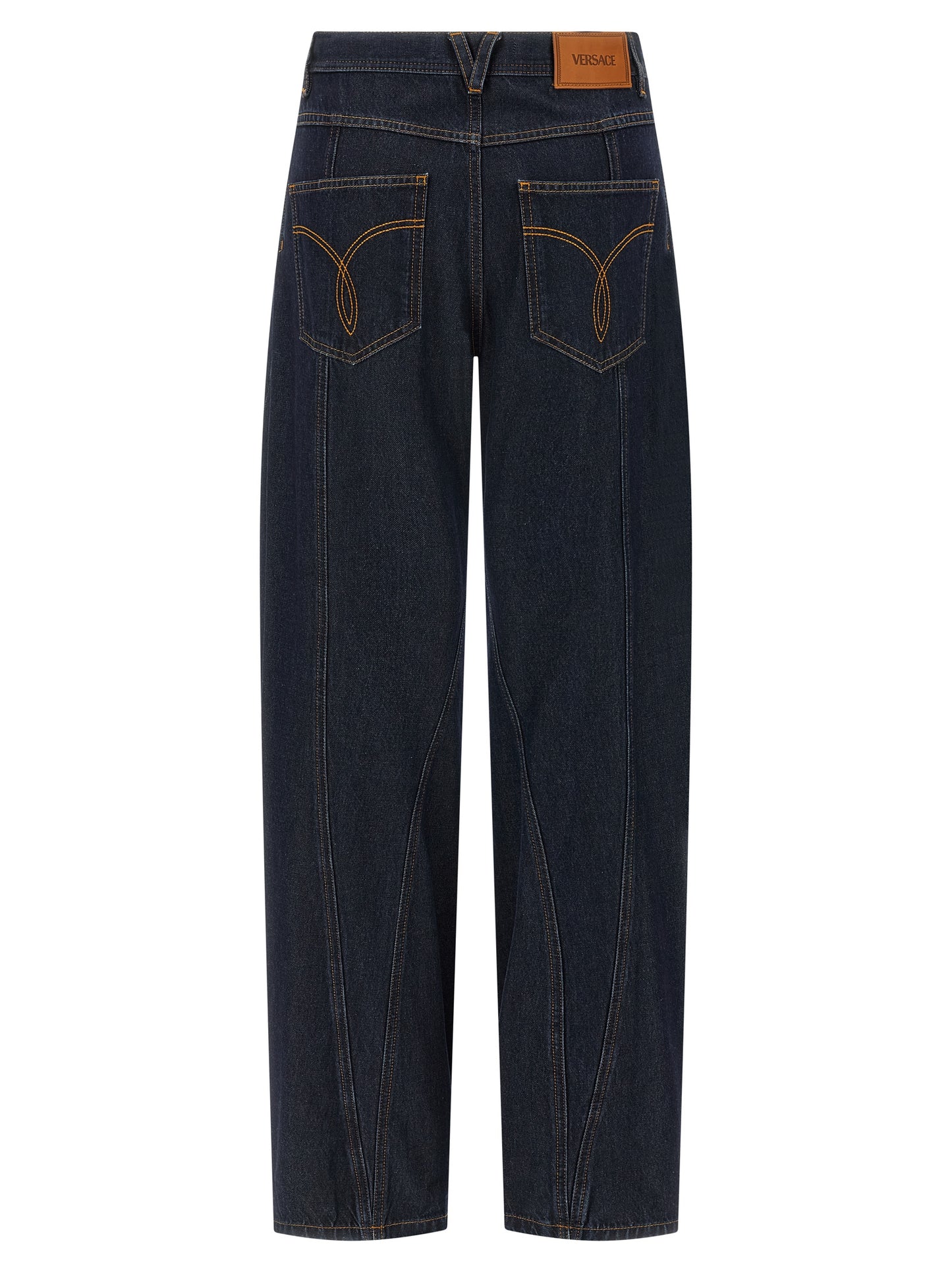 Jeans by Versace for women in denim cotton blue & signature features a polished silhouette with a polished , reaching a polished long and finished with a polished high rise.