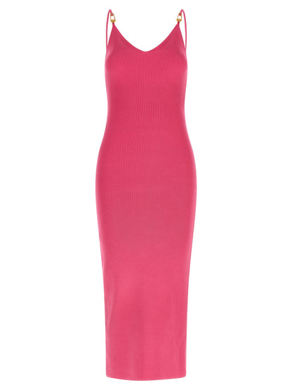 Dress by Versace for women in polyester & viscose fuchsia & signature features an eye catching silhouette with a sophisticated v-neck neckline, elegant , and a refined midi for a eye catching aesthetic.