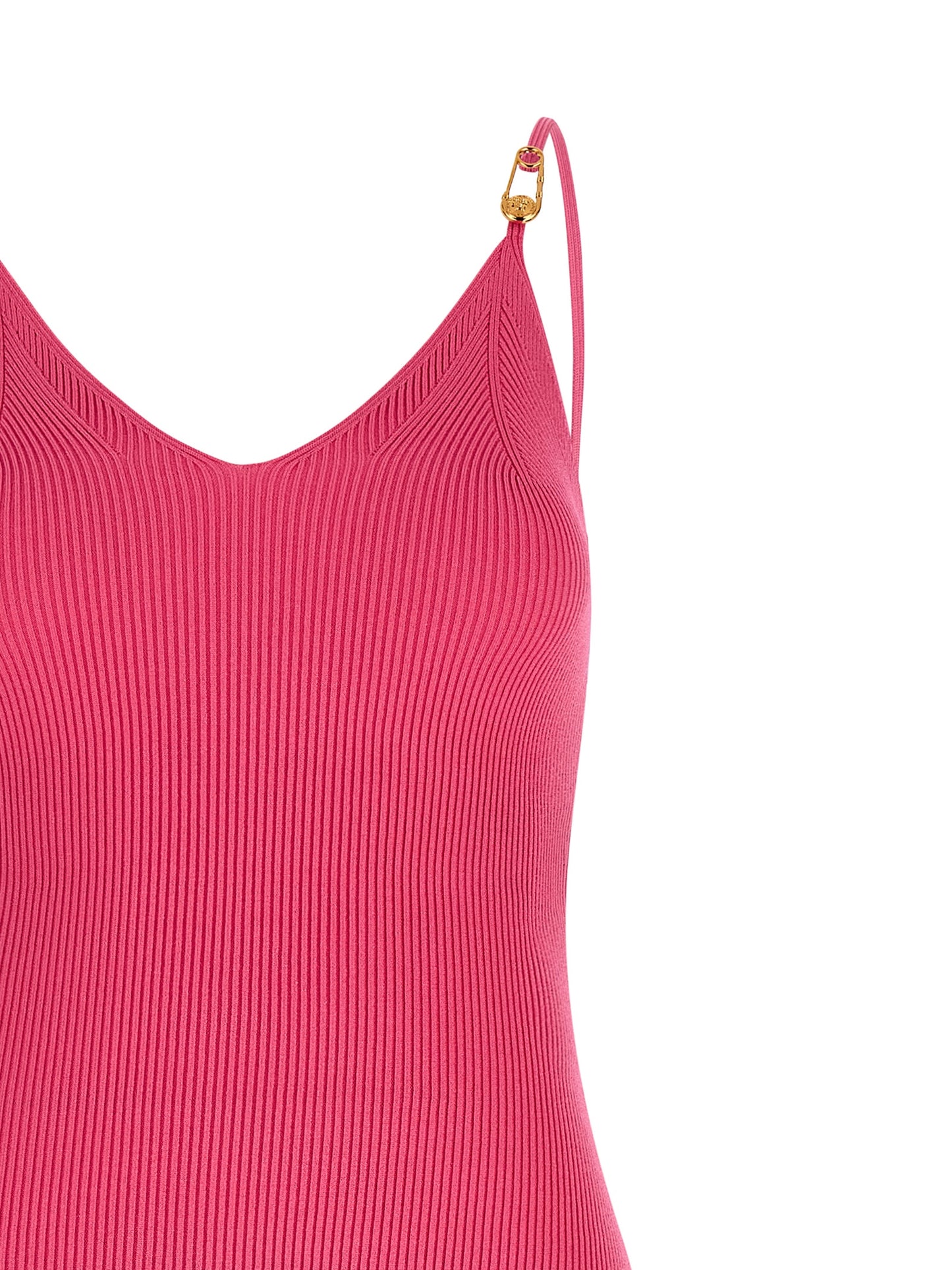 Dress by Versace for women in polyester & viscose fuchsia & signature presents a sinuous silhouette, showcasing a sophisticated v-neck neckline and detailed with a sinuous midi for a refined finish.