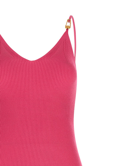 Dress by Versace for women in polyester & viscose fuchsia & signature presents a sinuous silhouette, showcasing a sophisticated v-neck neckline and detailed with a sinuous midi for a refined finish.