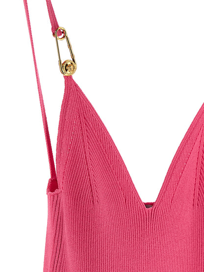 Dress by Versace for women in polyester & viscose fuchsia & signature features an magnificent silhouette, artfully detailed with a magnificent and that flows into an magnificent midi.