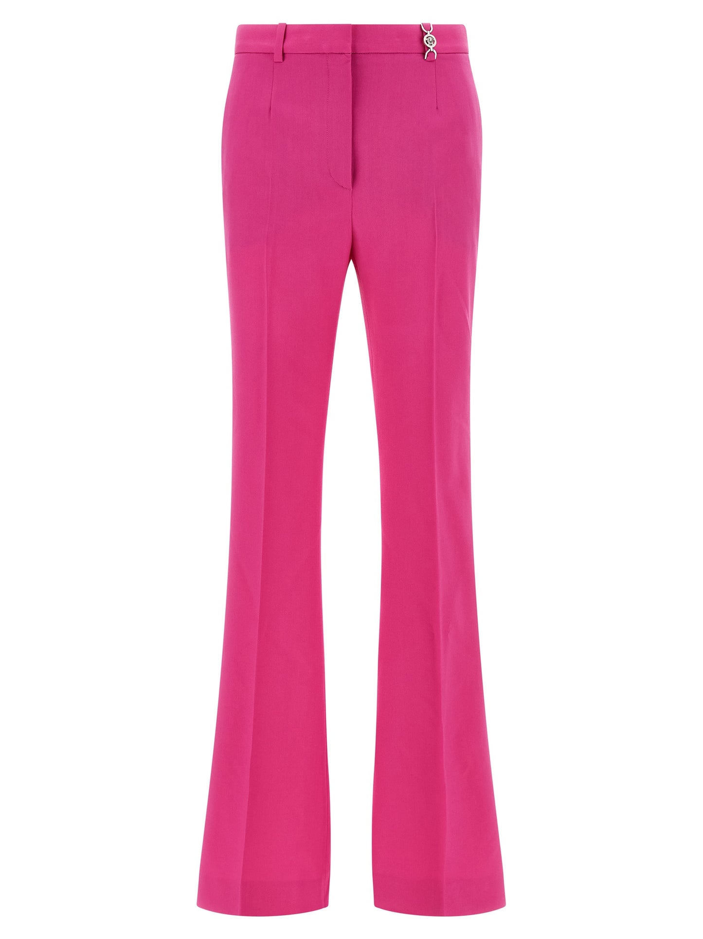 Trousers by Versace for women in virgin wool fuchsia features a tailored silhouette with a tailored straight-leg & flared, defined by its long and a sophisticated .