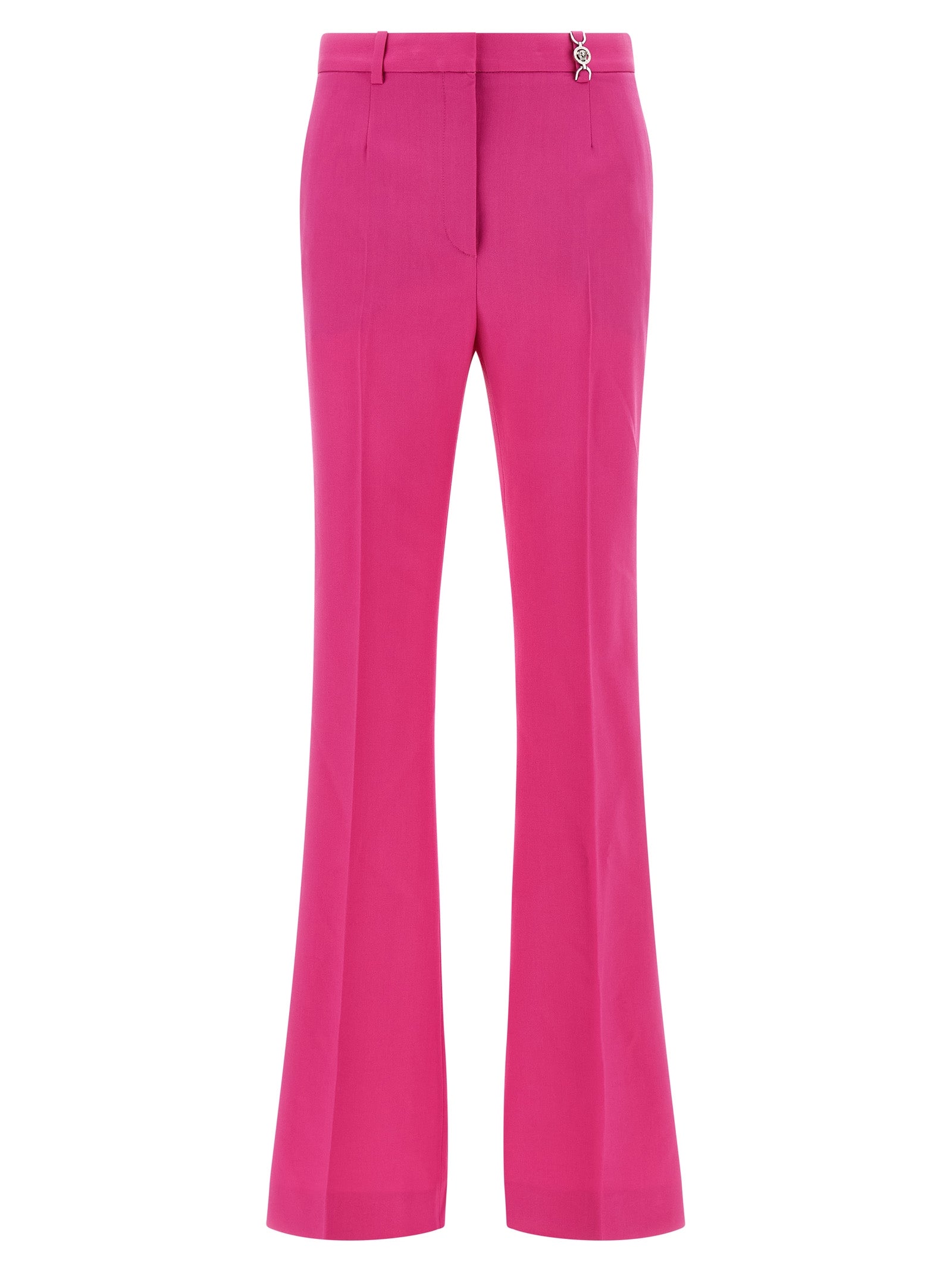 Trousers by Versace for women in virgin wool fuchsia features a tailored silhouette with a tailored straight-leg & flared, defined by its long and a sophisticated .