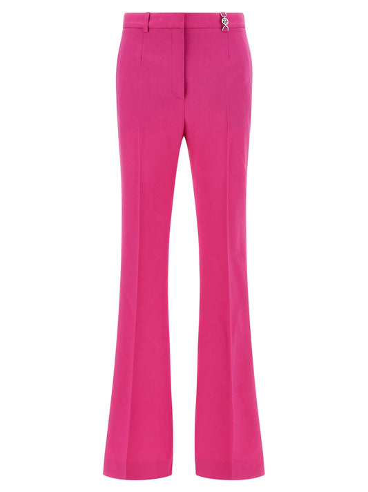 Trousers by Versace for women in virgin wool fuchsia features a tailored silhouette with a tailored straight-leg & flared, defined by its long and a sophisticated .