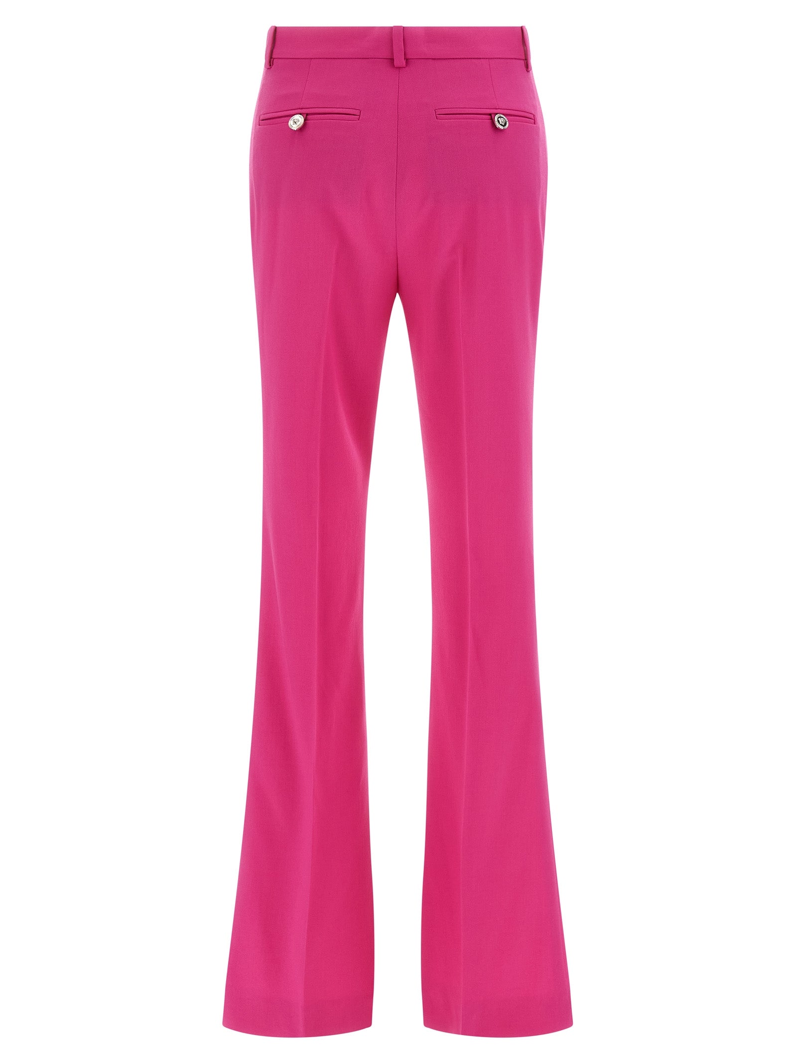 Trousers by Versace for women in virgin wool fuchsia features a sculptural silhouette, showcasing a sculptural straight-leg & flared and long with a sophisticated for a sculptural finish.