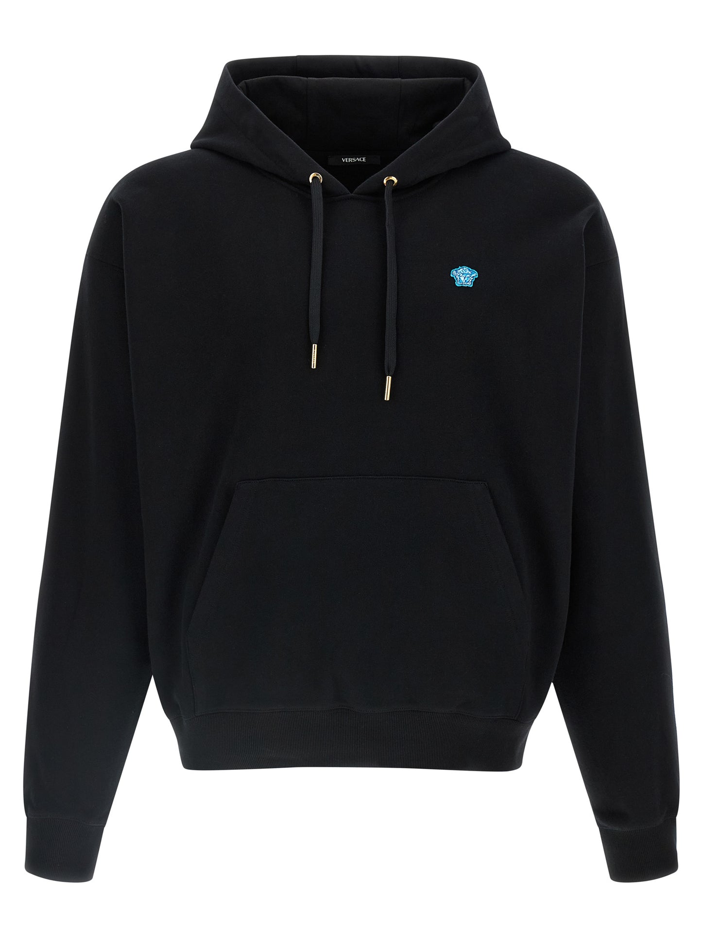 Sweatshirt Hoodie by Versace for men in cotton black features an avant-garde silhouette, showcasing a sophisticated hooded neckline and detail for a truly avant-garde finish.