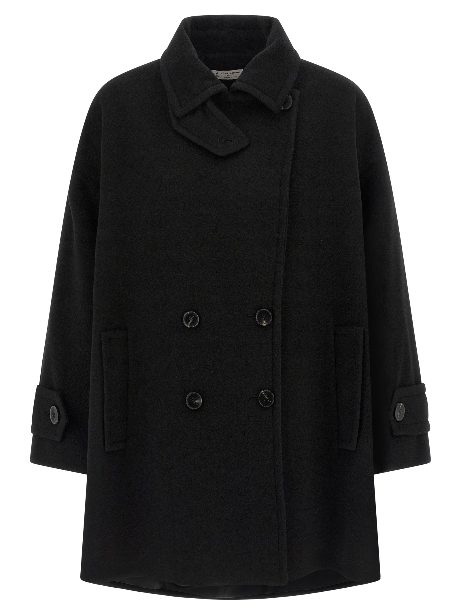 Trench Coat by Alberto Biani for women in virgin wool and black presents a exquisite silhouette, showcasing a exquisite shirt-collar neckline and functional for an elevated aesthetic.