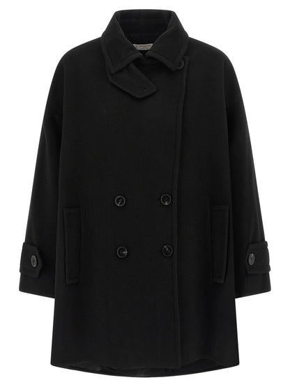 Trench Coat by Alberto Biani for women in virgin wool and black presents a exquisite silhouette, showcasing a exquisite shirt-collar neckline and functional for an elevated aesthetic.