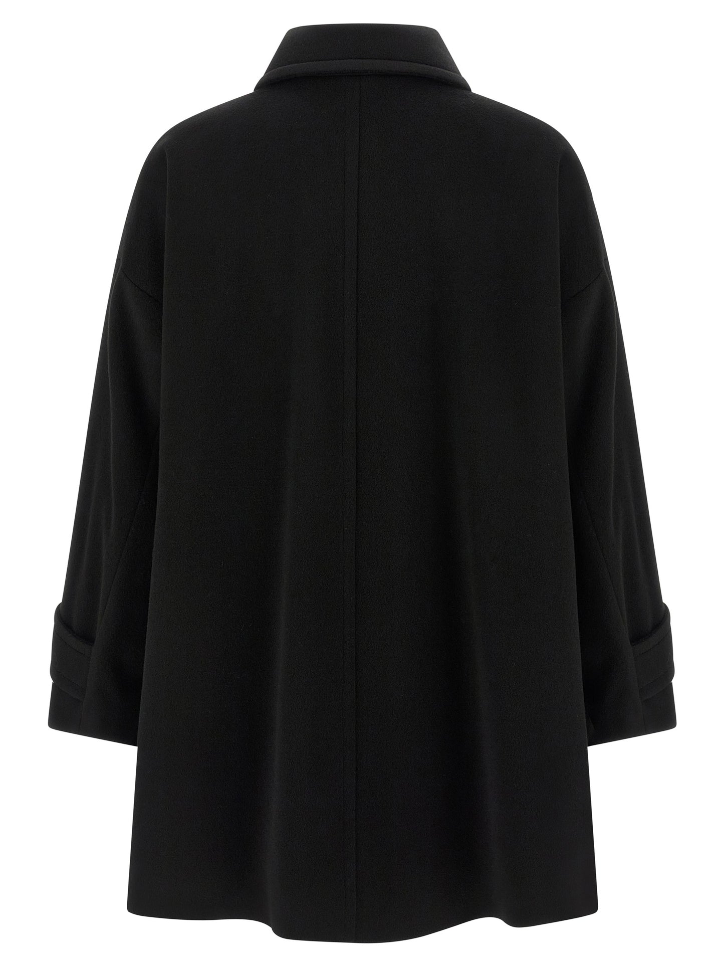 Trench Coat by Alberto Biani for women in virgin wool black features an dramatic silhouette, perfectly showcasing the elegant shirt-collar neckline and sophisticated for a truly dramatic aesthetic.