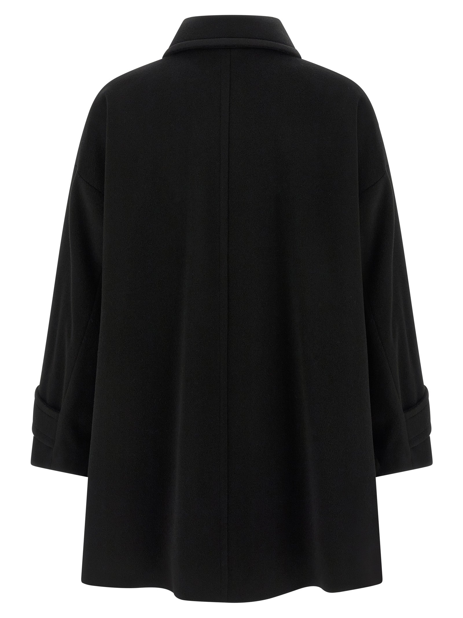 Trench Coat by Alberto Biani for women in virgin wool black features an dramatic silhouette, perfectly showcasing the elegant shirt-collar neckline and sophisticated for a truly dramatic aesthetic.