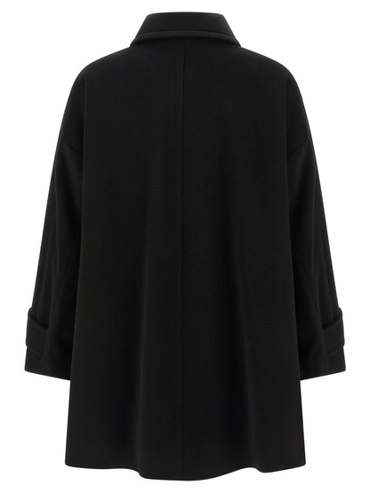 Trench Coat by Alberto Biani for women in virgin wool black features an dramatic silhouette, perfectly showcasing the elegant shirt-collar neckline and sophisticated for a truly dramatic aesthetic.
