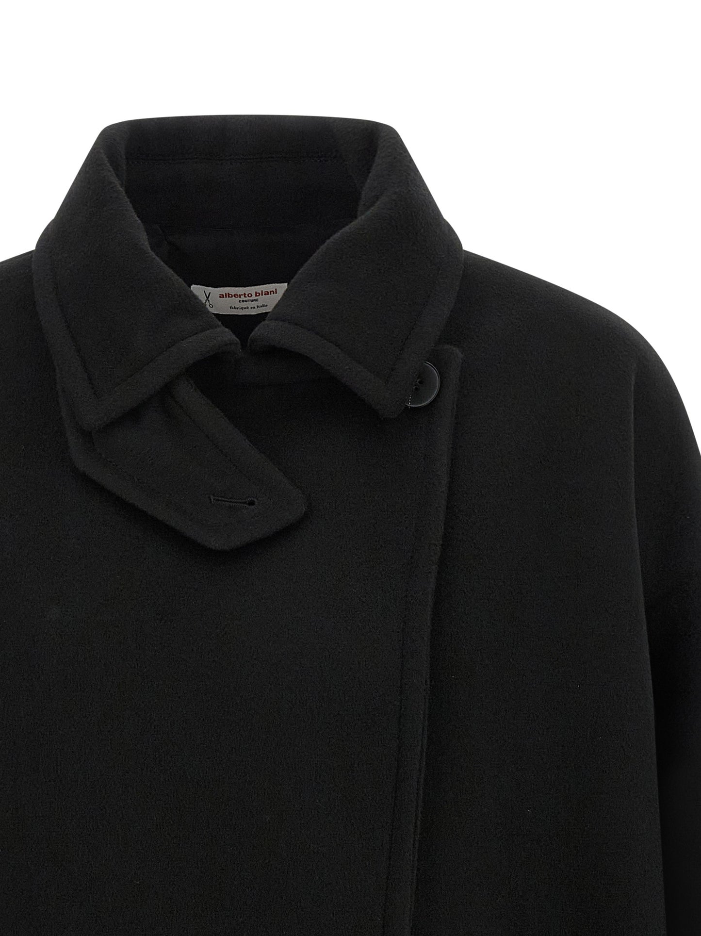 Trench Coat by Alberto Biani for women in virgin wool black presents an sculptural silhouette, artfully detailed with a sculptural shirt-collar neckline and functional for a truly sculptural finish.