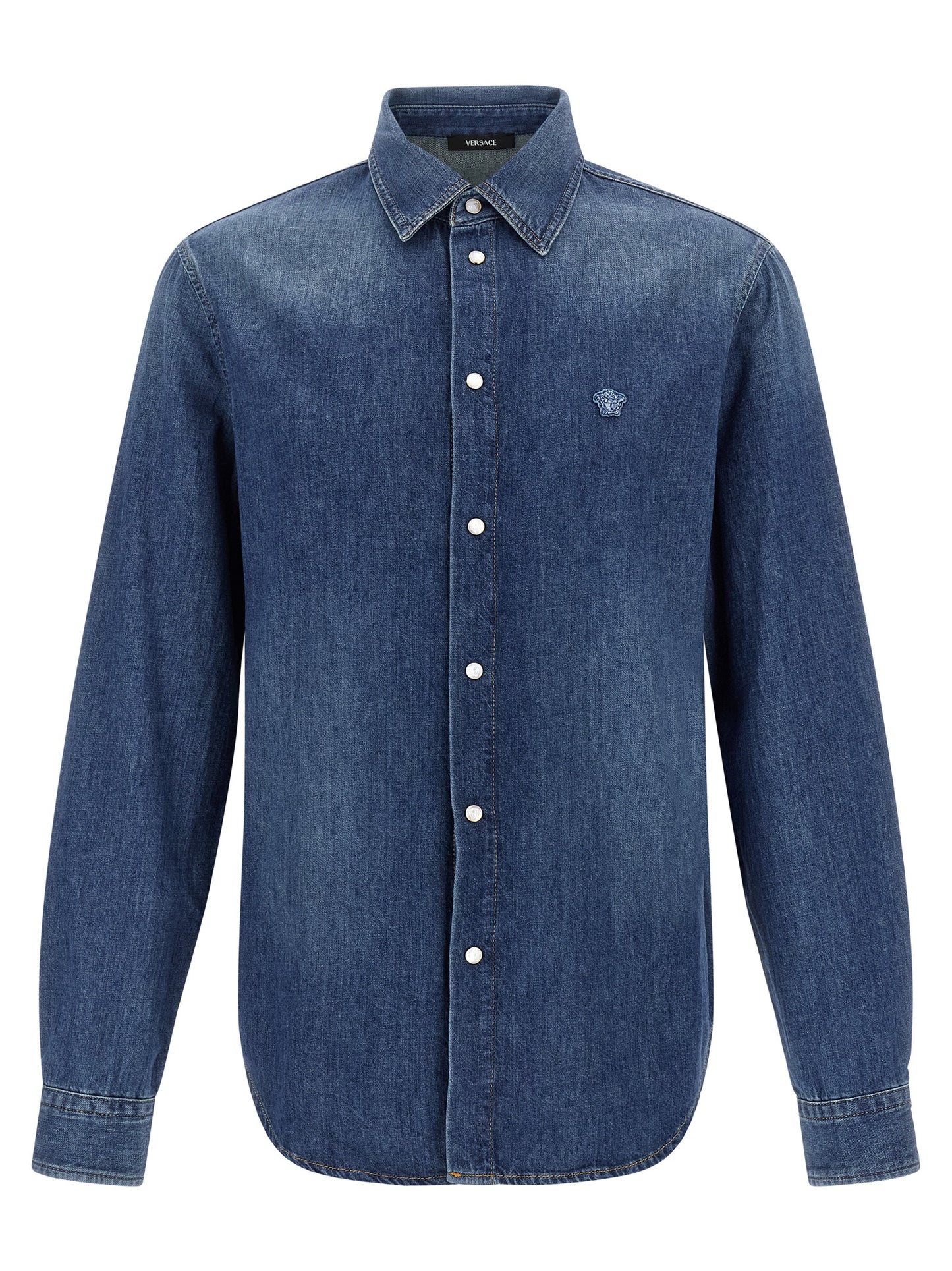 Shirt by Versace for men in denim cotton blue features an architectural silhouette with a refined and elegant for a architectural look.