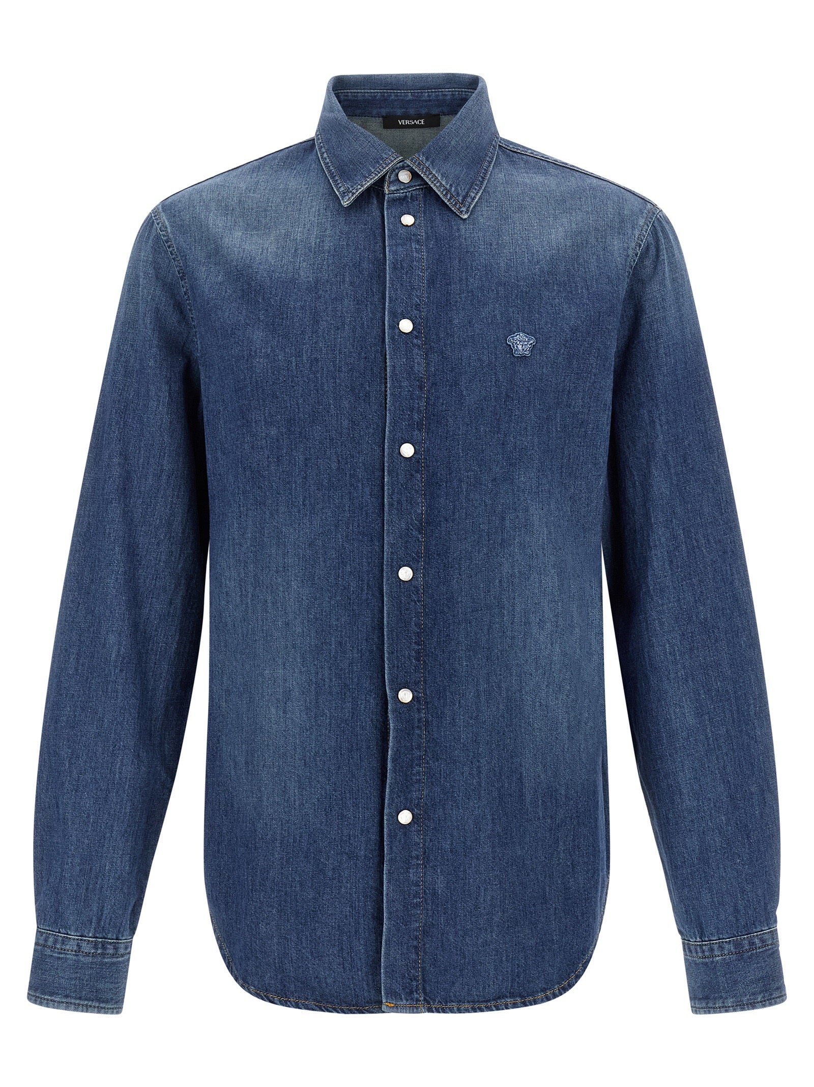 Shirt by Versace for men in denim cotton blue features an architectural silhouette with a refined and elegant for a architectural look.
