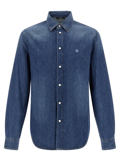 Shirt by Versace for men in denim cotton blue features an architectural silhouette with a refined and elegant for a architectural look.