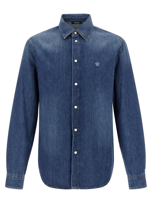 Shirt by Versace for men in denim cotton blue features an architectural silhouette with a refined and elegant for a architectural look.