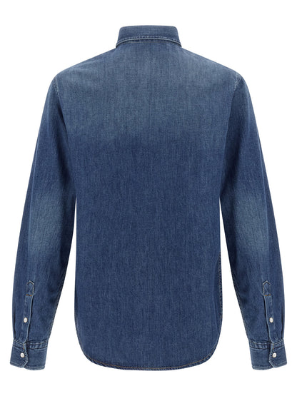 Shirt by Versace for men in denim cotton blue features an architectural silhouette with a refined and elegant for a architectural look.