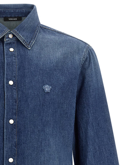 Shirt by Versace for men in denim cotton blue features an polished silhouette, showcasing a sophisticated and detail for a truly polished finish.