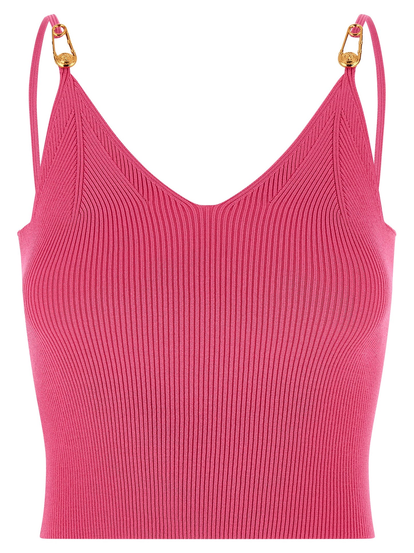 T-Shirt by Versace for women in polyester & viscose fuchsia showcases a unassuming silhouette, artfully detailed with a refined v-neck neckline and unassuming sleeveless for a sophisticated, contemporary look.