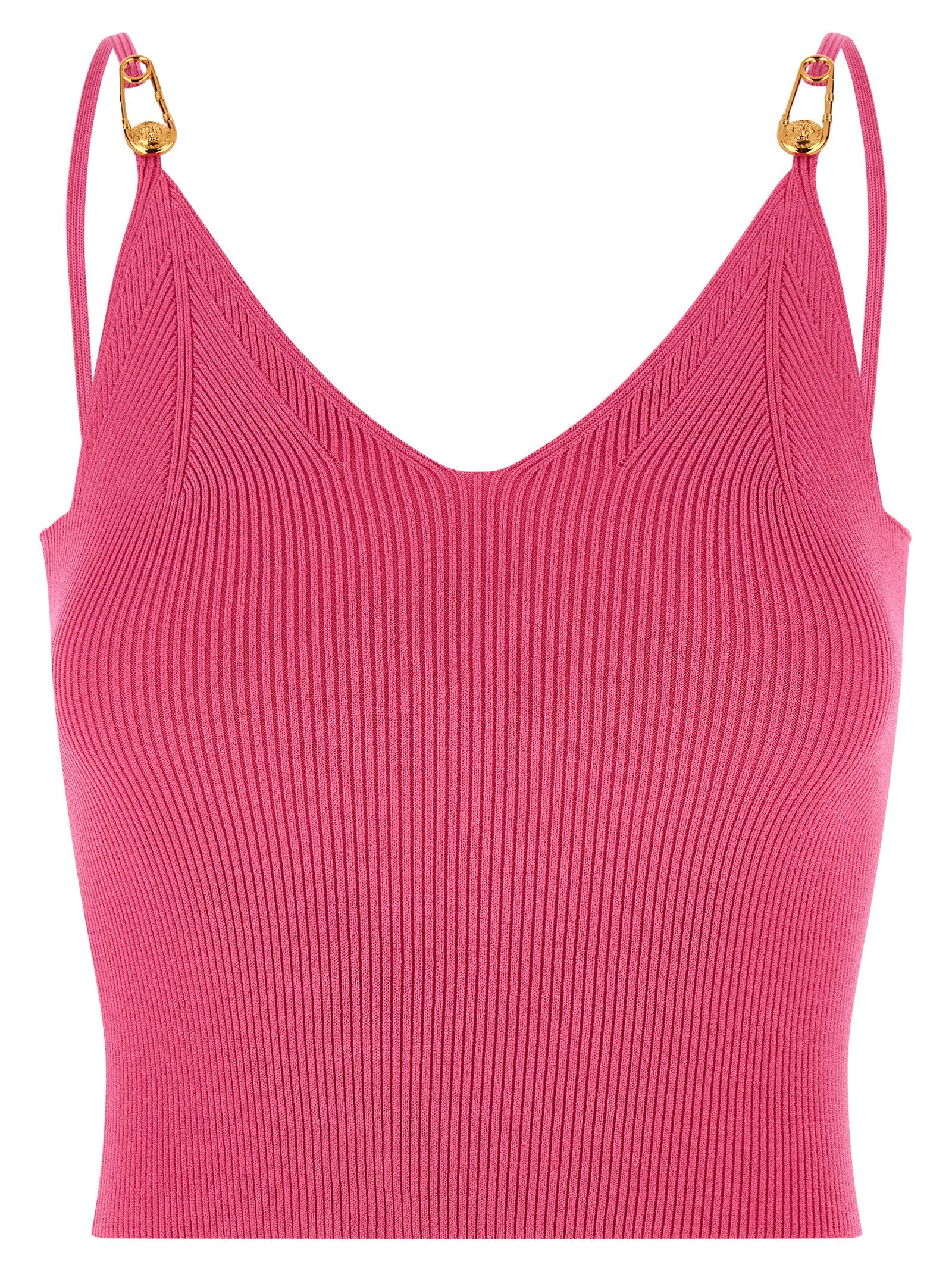 T-Shirt by Versace for women in polyester & viscose fuchsia showcases a unassuming silhouette, artfully detailed with a refined v-neck neckline and unassuming sleeveless for a sophisticated, contemporary look.