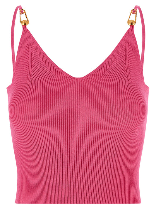 T-Shirt by Versace for women in polyester & viscose fuchsia showcases a unassuming silhouette, artfully detailed with a refined v-neck neckline and unassuming sleeveless for a sophisticated, contemporary look.